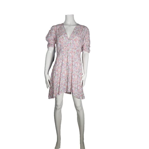 Faithfull the Brand Women's US6 Medium Pink Floral Dress S/S V-Neck Crepe Mini - Picture 7 of 7